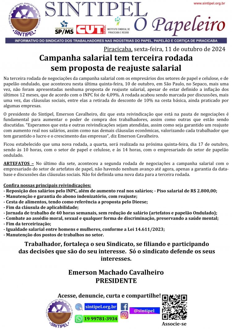 Campanha salarial tem terceira rodada sem proposta de reajuste