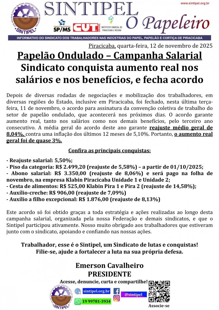 Papelão Ondulado Campanha Salarial Sindicato conquista aumento real nos salários e nos benefícios, e fecha acordo