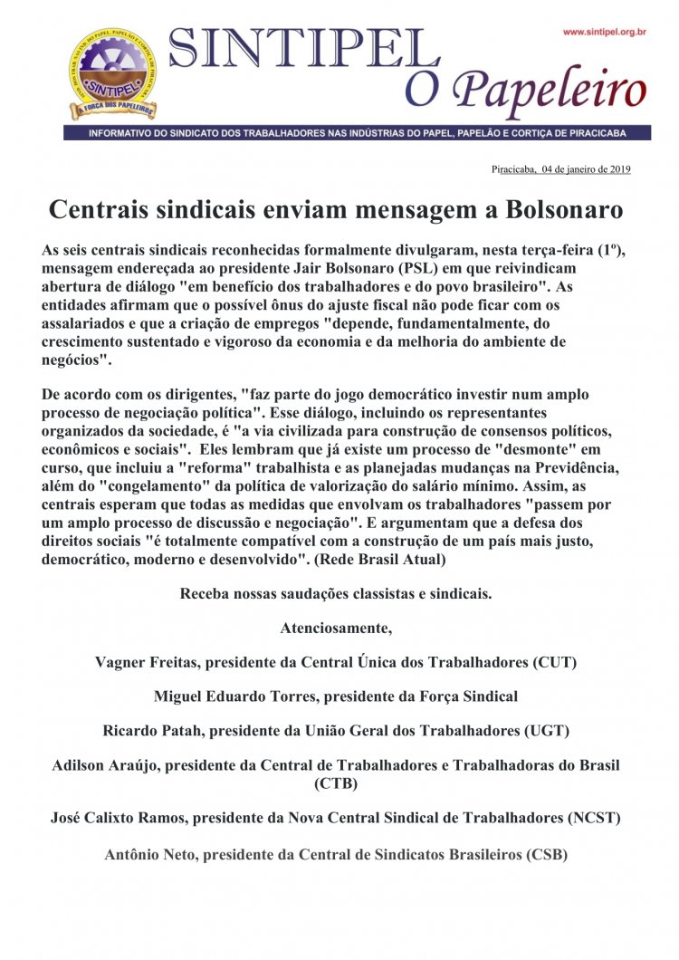 Centrais sindicais enviam mensagem a Bolsonaro