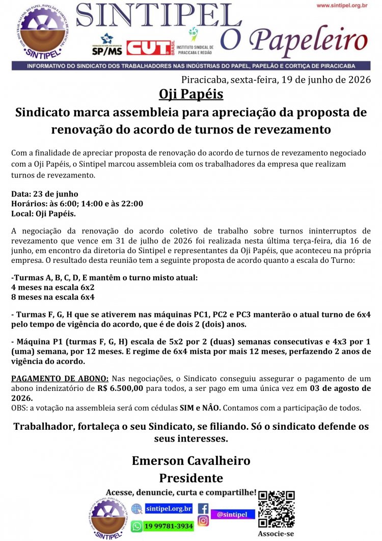 Oji Papéis Sindicato marca assembleia para apreciação da proposta de renovação do