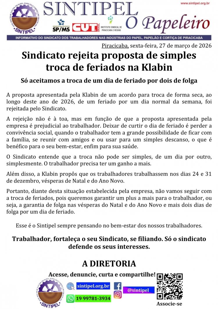 Sindicato rejeita proposta de simples troca de feriados na Klabin 